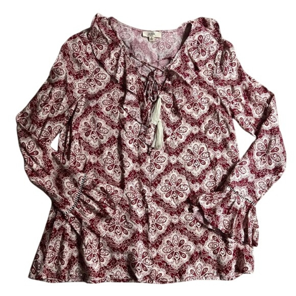 Entro Red White Medallion Paisley Ruffle Lace Up Tassel Boho Blouse Small‎ T8308